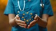 © piumi - EU doctor holding heart with flag of European Union background. Healthcare, charity, insurance and medicine concept