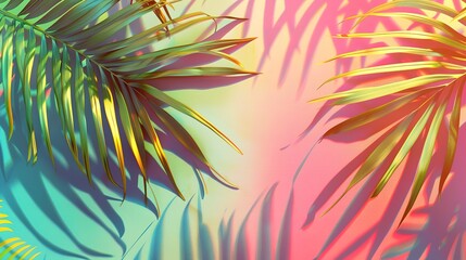 Wall Mural - trendy summer Bali style floral patter background with copyspace , colorful leaves palm shape art wallpaper, Summer colors botanical tropical leaves ,sun light and shadows, pink, yellow leaf .