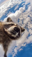 Poster - A raccoon looking up at the sky with a rainbow in the background