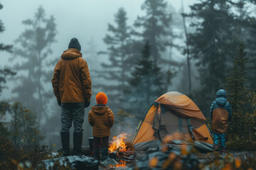 Sticker - A family camping in the woods, telling stories by the campfire. Concept of nature and bonding. Generative Ai.