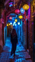 Wall Mural - A woman is walking down a dark alley way