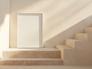 Wall Mural - A minimalist beige interior features a blank white frame on a platform beside a set of stairs, bathed in soft natural light