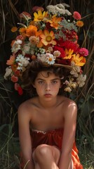 Wall Mural - A young woman with a large hat of flowers on her head