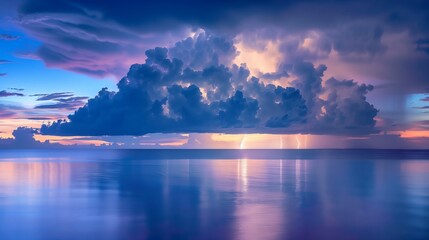 Wall Mural - thunderclouds loom over a tranquil ocean, lit by distant lightning, creating a captivating contrast.