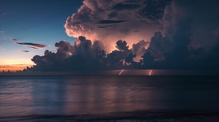 Wall Mural - thunderclouds loom over a calm ocean, lit by distant lightning. serene waves contrast with stormy sk