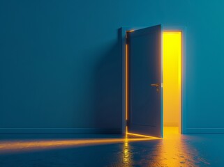 Wall Mural - Three-dimensional render of an open blue door on a blue background, with yellow light entering the slot through it. Architectural design element. Modern minimal concept. Opportunity metaphor.