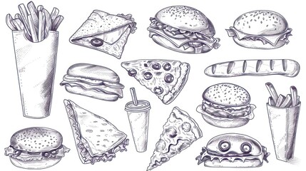 Wall Mural - fast food illustration black and white sketch isolated illustration