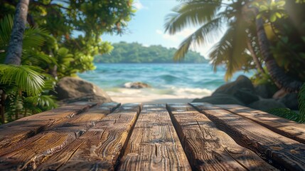 Poster - The background of this display is a lovely blurred tropical beach with an empty wooden table on it. It is a perfect background for displaying products during the summer