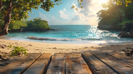 Poster - An empty wooden table with a blurry tropical beach background. Generative AI. Summer holiday background for product display.