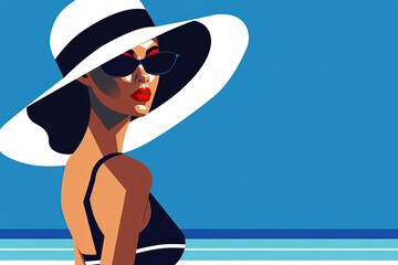 A stylish woman wearing a white hat and sunglasses stands on a beach with blue water and sky in the background