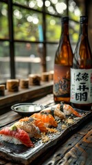 Wall Mural - Assorted sushi with sake bottles on wooden table. Japanese food photography. Sushi and sake pairing concept.