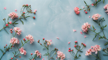 Wall Mural - Beautiful flower branches and buds on one colored floral plain background