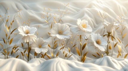 3D white and golden floral background with white flowers and golden leaves