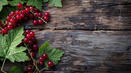 Wall Mural - Close up of red currants and leaves on a wooden table