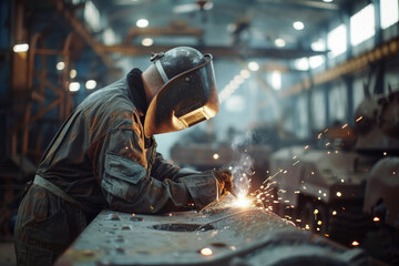 Male welder in a protective helmet, jacket and gloves at work inside the large industrial facility