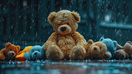 Teddy Bear with sitting in the raining and vintage filter effect blurred background of nature