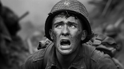 Wall Mural - A black and white image of a soldier screaming and running into battle