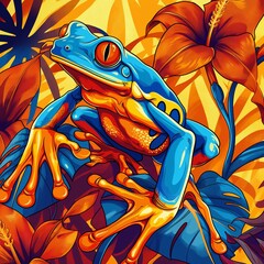 Wall Mural - Colorful frog art in a vibrant jungle.