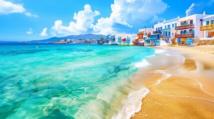 Wall Mural - Greece summer holidays. Cyclades .Most famous and beautiful beaches of Mykonos island - Super Paradise beach popular tourist resort 