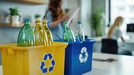 Team effort, Employees unite for an office recycling campaign. Corporate sustainability