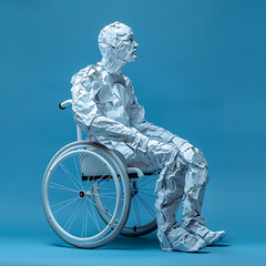 A disabled person in a wheelchair, figure made of crumpled paper on blue, unusual creative illustration