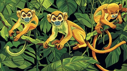 Wall Mural - Three playful monkeys with vivid yellow fur climb branches in a lush green jungle setting.