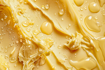 Close-up of glistening yellow butter with water droplets.