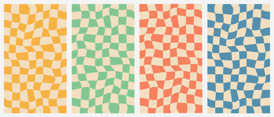 Wall Mural - Chessboard groovy backgrounds in a trendy retro 70s style. Twisted and distorted textures. Vector illustration