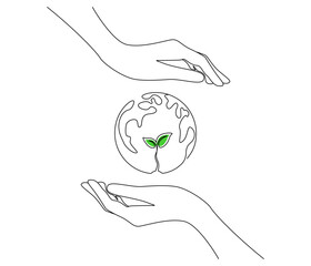 Fototapete - Hands holding Earth globe with plant in one continuous line drawing. World environment day poster in simple linear style. Protect and save planet concept editable stroke. Doodle vector illustration