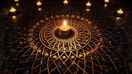 Wall Mural - A solitary candle burns brightly at the center of an intricately designed geometric pattern, casting a warm glow that contrasts with the surrounding darkness. 