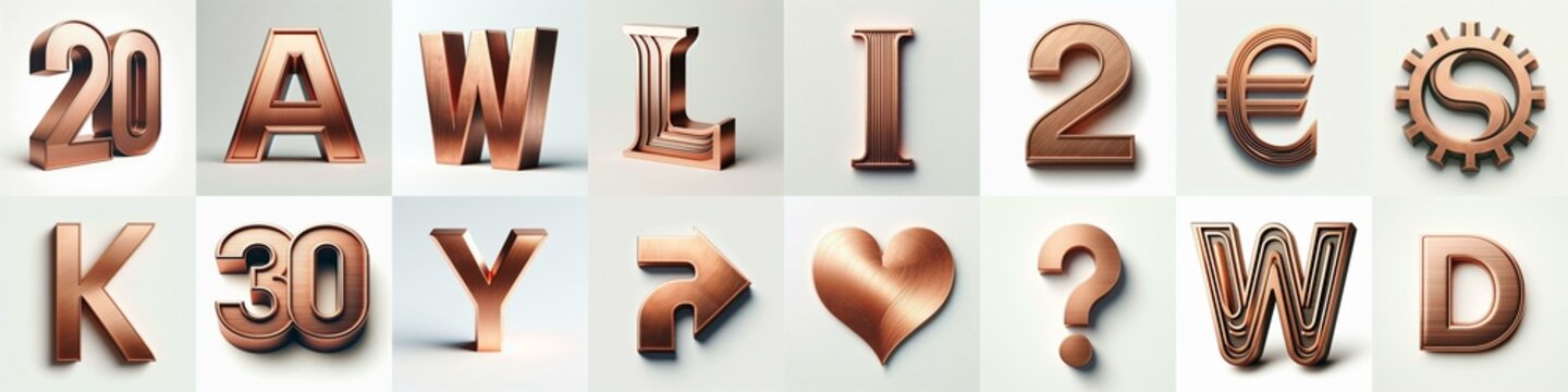 Brushed Copper metal Lettering Typeface. AI generated illustration