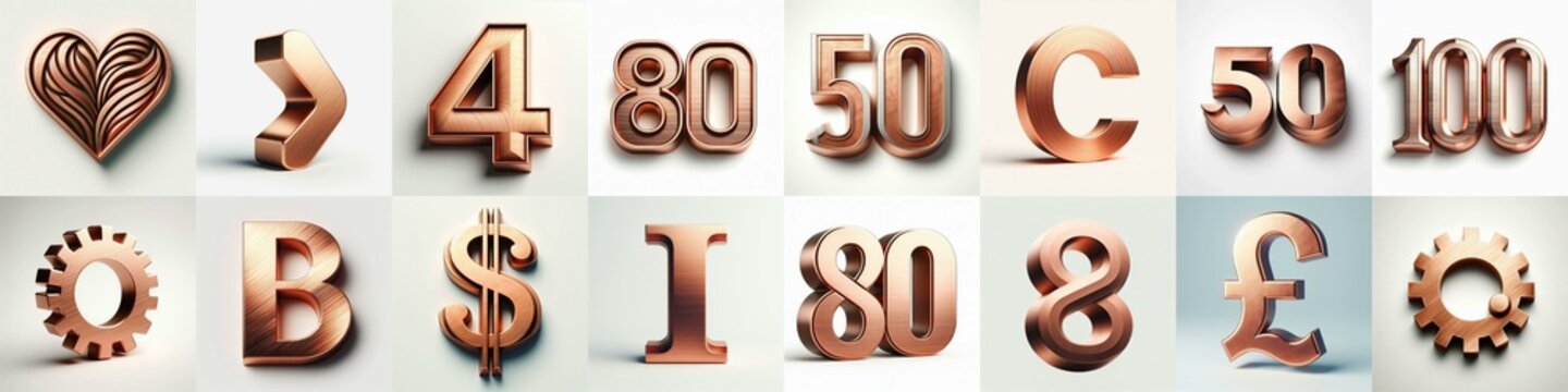 Brushed Copper metal Lettering Typeface. AI generated illustration