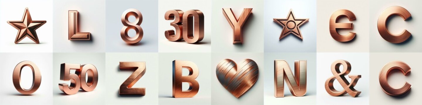 Brushed Copper metal Lettering Typeface. AI generated illustration