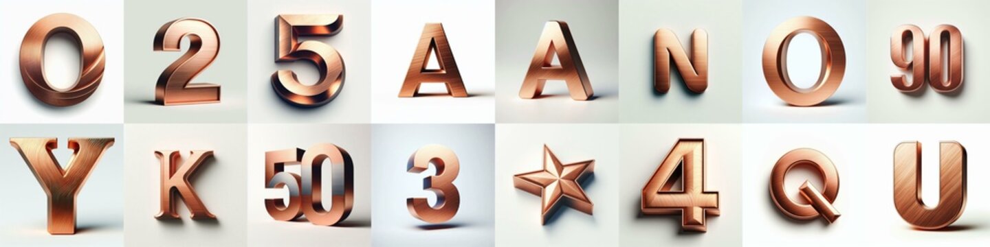 Brushed Copper metal Lettering Typeface. AI generated illustration