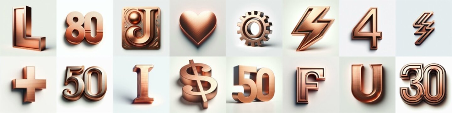 Brushed Copper metal Lettering Typeface. AI generated illustration