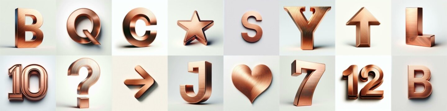 Brushed Copper metal Lettering Typeface. AI generated illustration