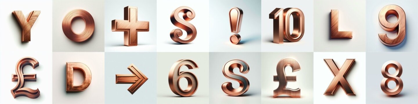 Brushed Copper metal Lettering Typeface. AI generated illustration