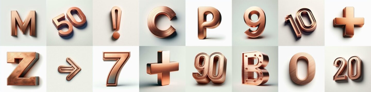 Brushed Copper metal Lettering Typeface. AI generated illustration