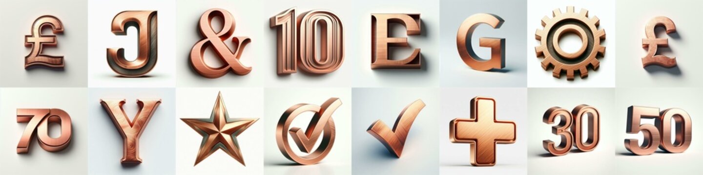 Brushed Copper metal Lettering Typeface. AI generated illustration