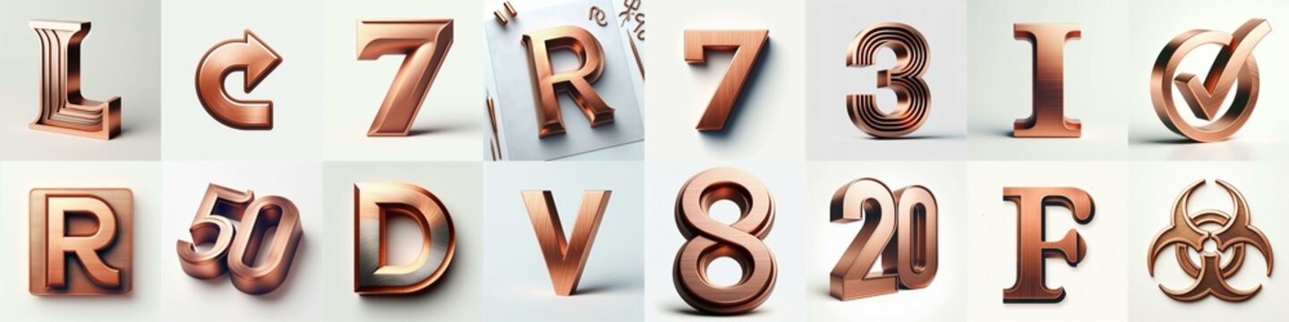 Brushed Copper metal Lettering Typeface. AI generated illustration