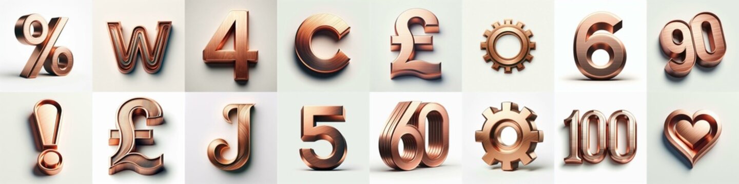 Brushed Copper metal Lettering Typeface. AI generated illustration