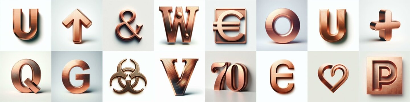 Brushed Copper metal Lettering Typeface. AI generated illustration