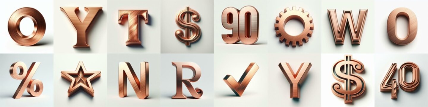 Brushed Copper metal Lettering Typeface. AI generated illustration