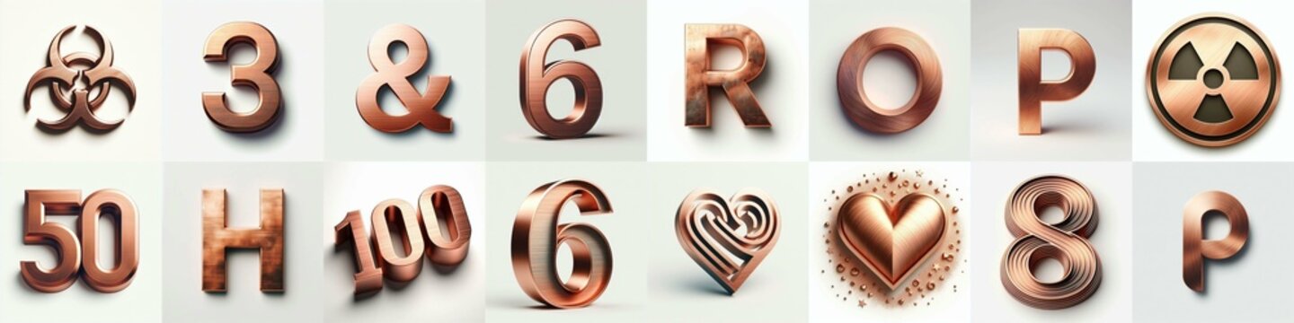 Brushed Copper metal Lettering Typeface. AI generated illustration