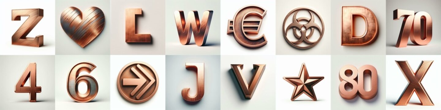 Brushed Copper metal Lettering Typeface. AI generated illustration