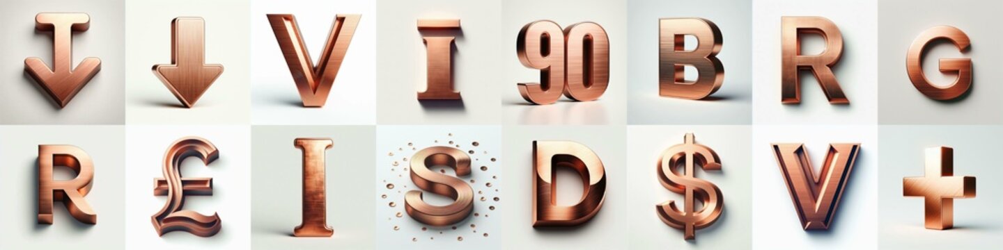 Brushed Copper metal Lettering Typeface. AI generated illustration