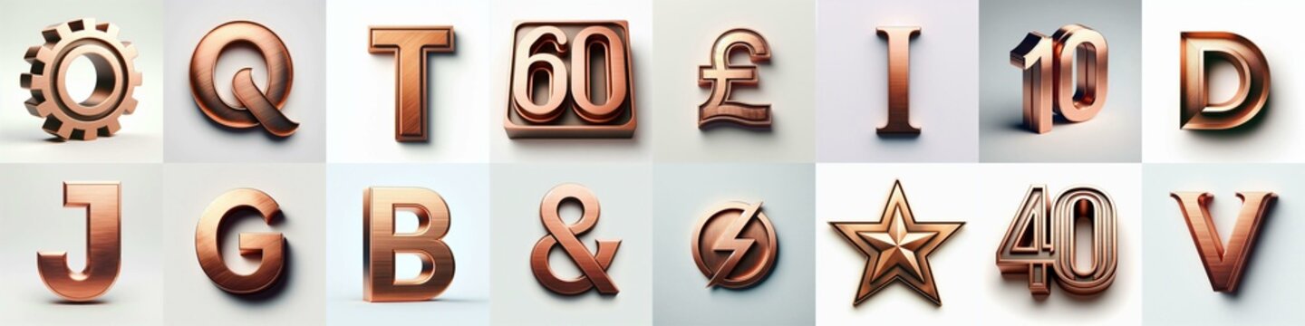 Brushed Copper metal Lettering Typeface. AI generated illustration