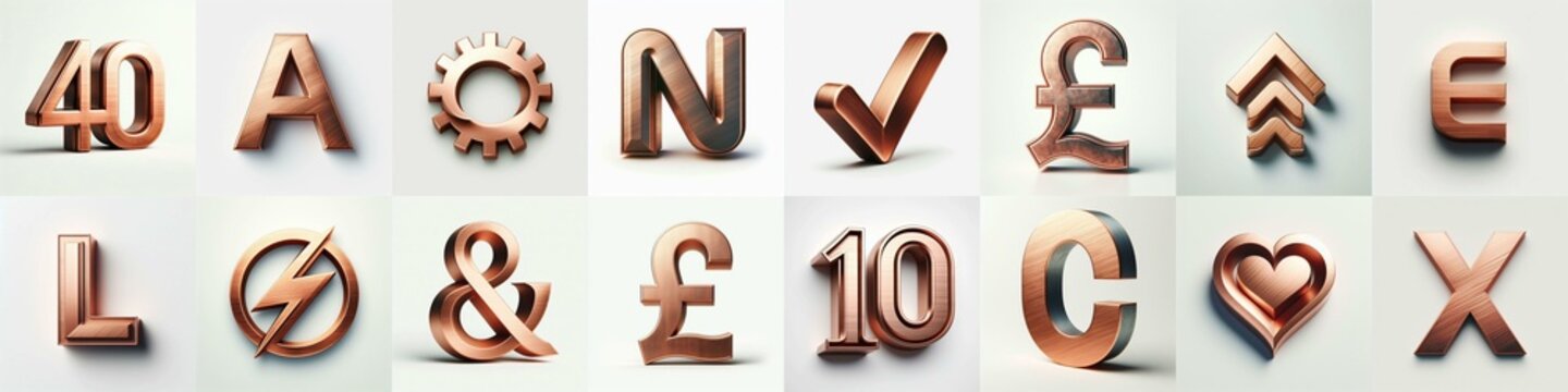 Brushed Copper metal Lettering Typeface. AI generated illustration