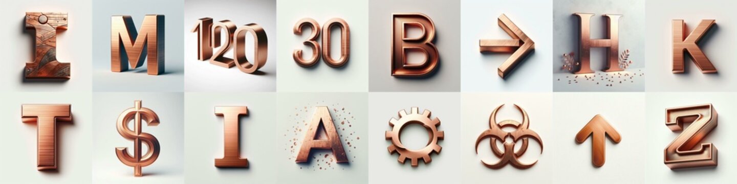 Brushed Copper metal Lettering Typeface. AI generated illustration