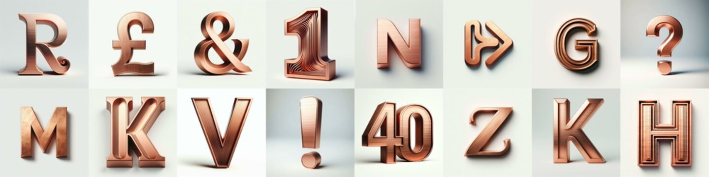 Brushed Copper metal Lettering Typeface. AI generated illustration